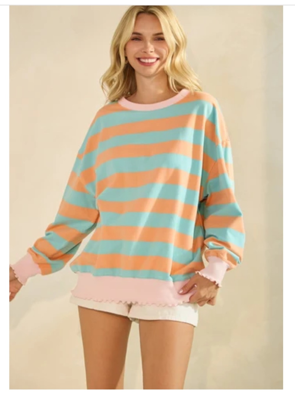 Veveret Pastel Striped Sweatshirt Size L Orange Aqua Pink Ribbed Crewneck